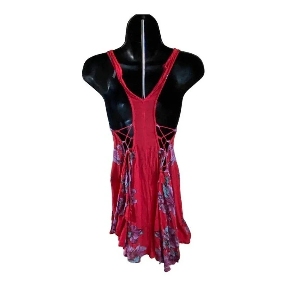 Free People Sleeveless High Neck Size XS Floral Mini Red 100% Viscose Relaxed - Picture 3 of 12